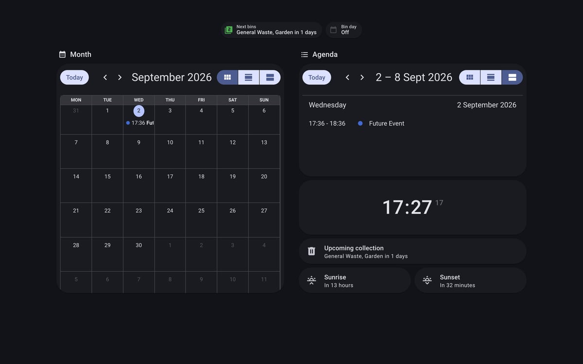 Home Assistant calendar lab dashboard running the Material You theme (Dark), on desktop