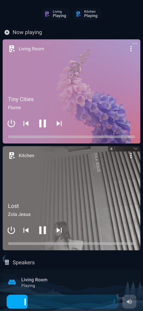 Home Assistant media lab dashboard running the Simple Dreams theme (Dark), on a phone