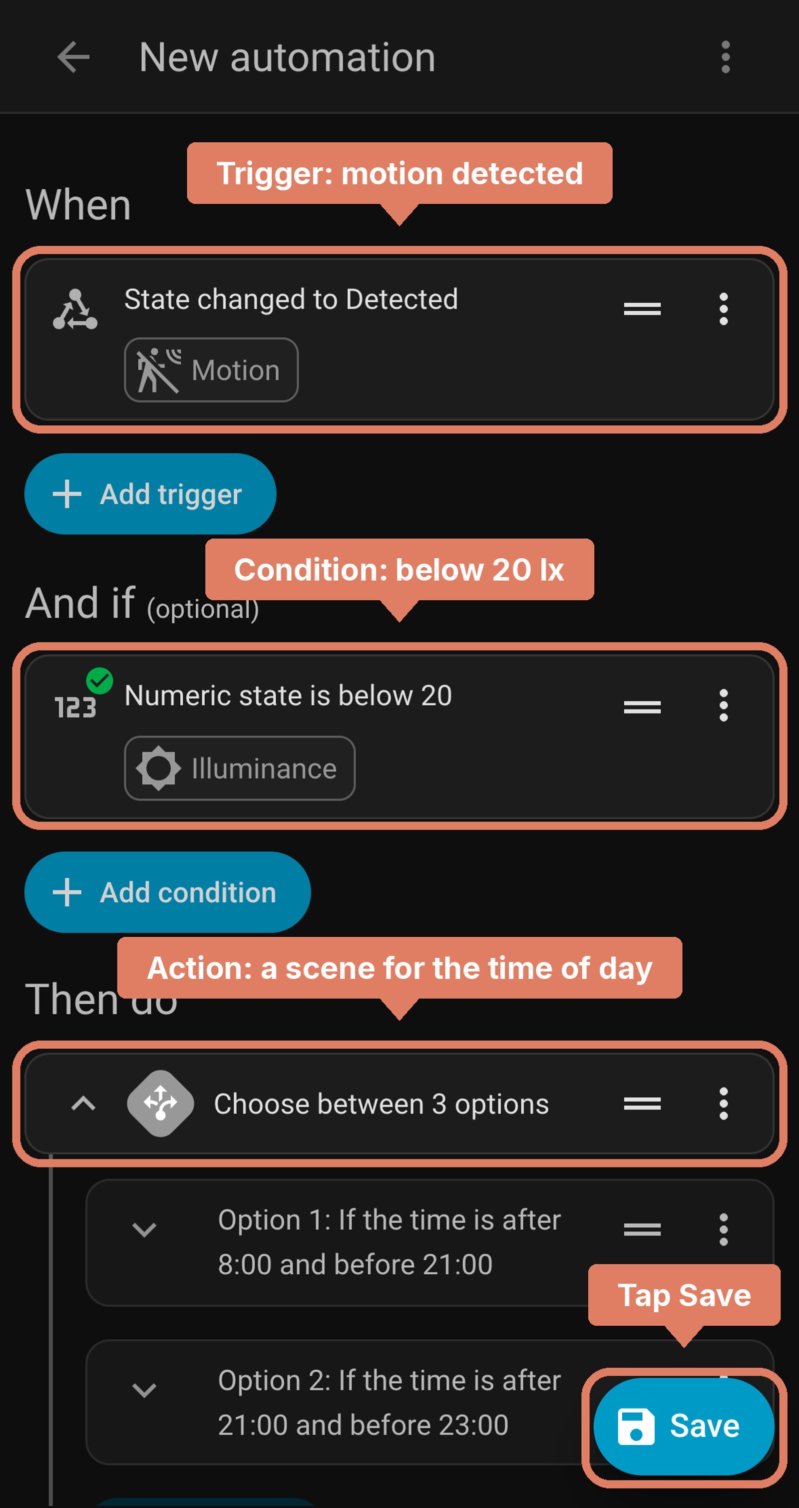 Home Assistant new automation before saving: Hue motion detected, below 20 lux, choose a scene by the time of day, with each part labelled and Save marked.