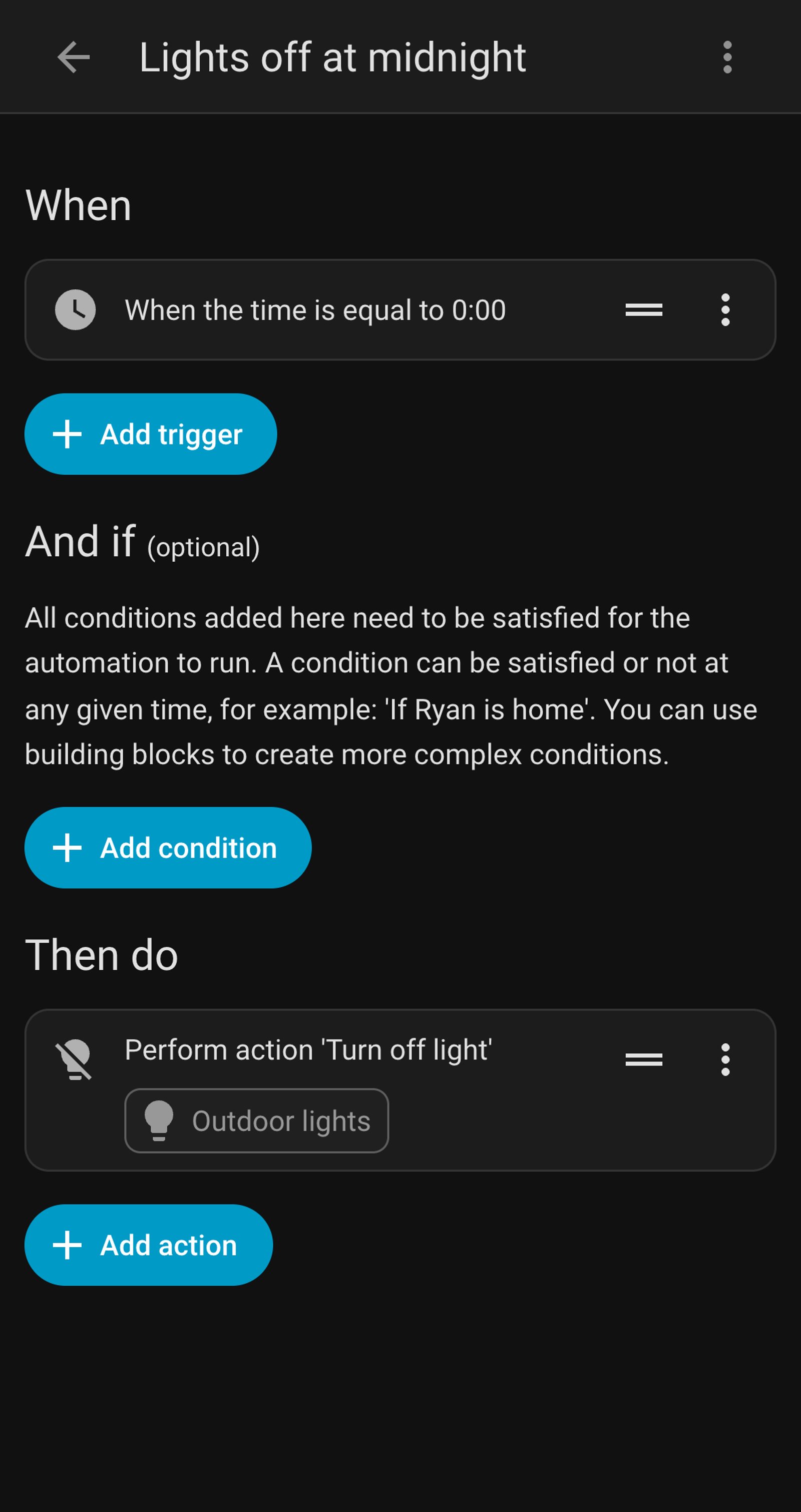 Home Assistant automation Lights off at midnight, triggered at 0:00 and turning off Outdoor lights.