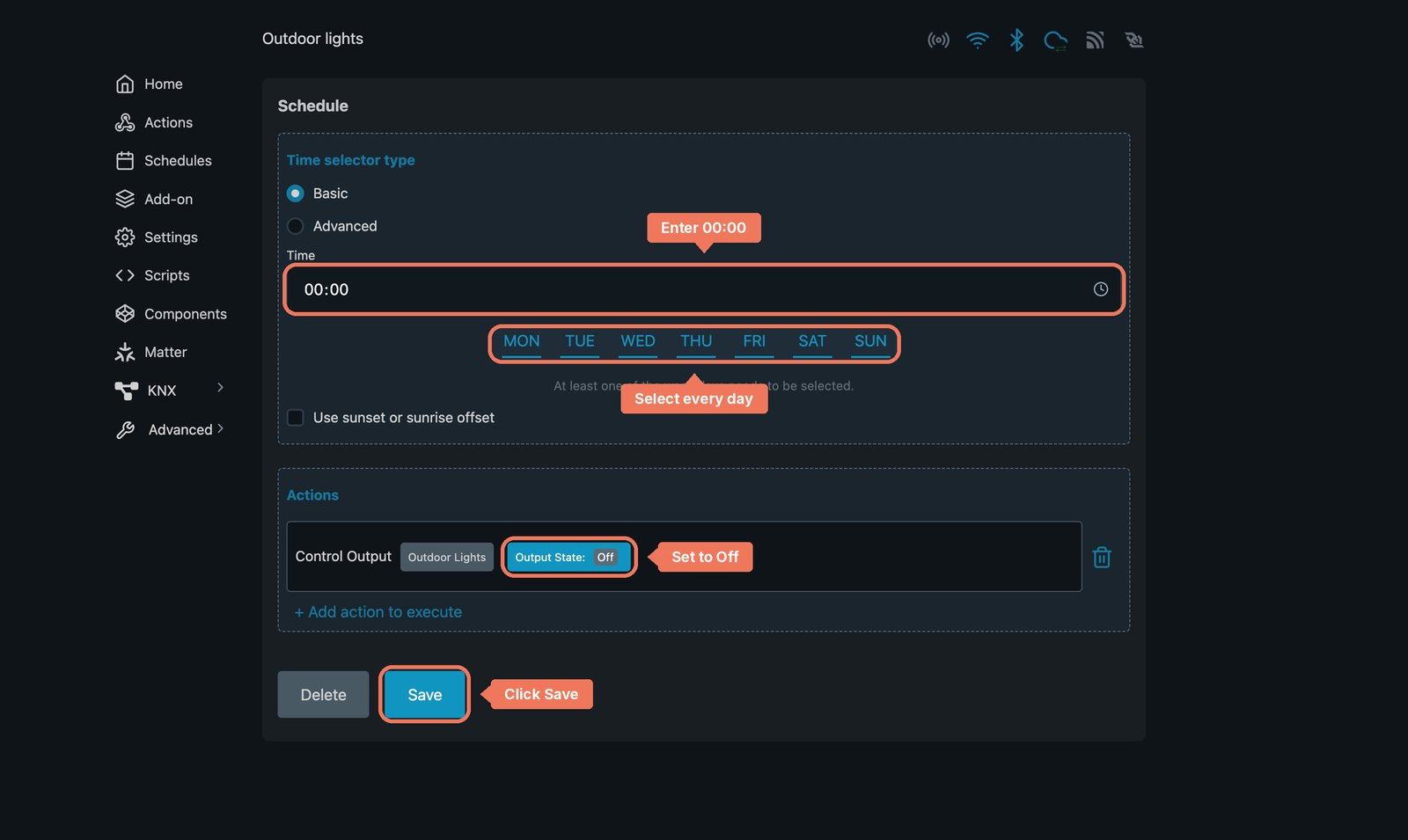 Shelly local web interface schedule for a Shelly 1 Gen4 named Outdoor lights, at 00:00 with the output Off, with the time, every day, the action and Save marked.