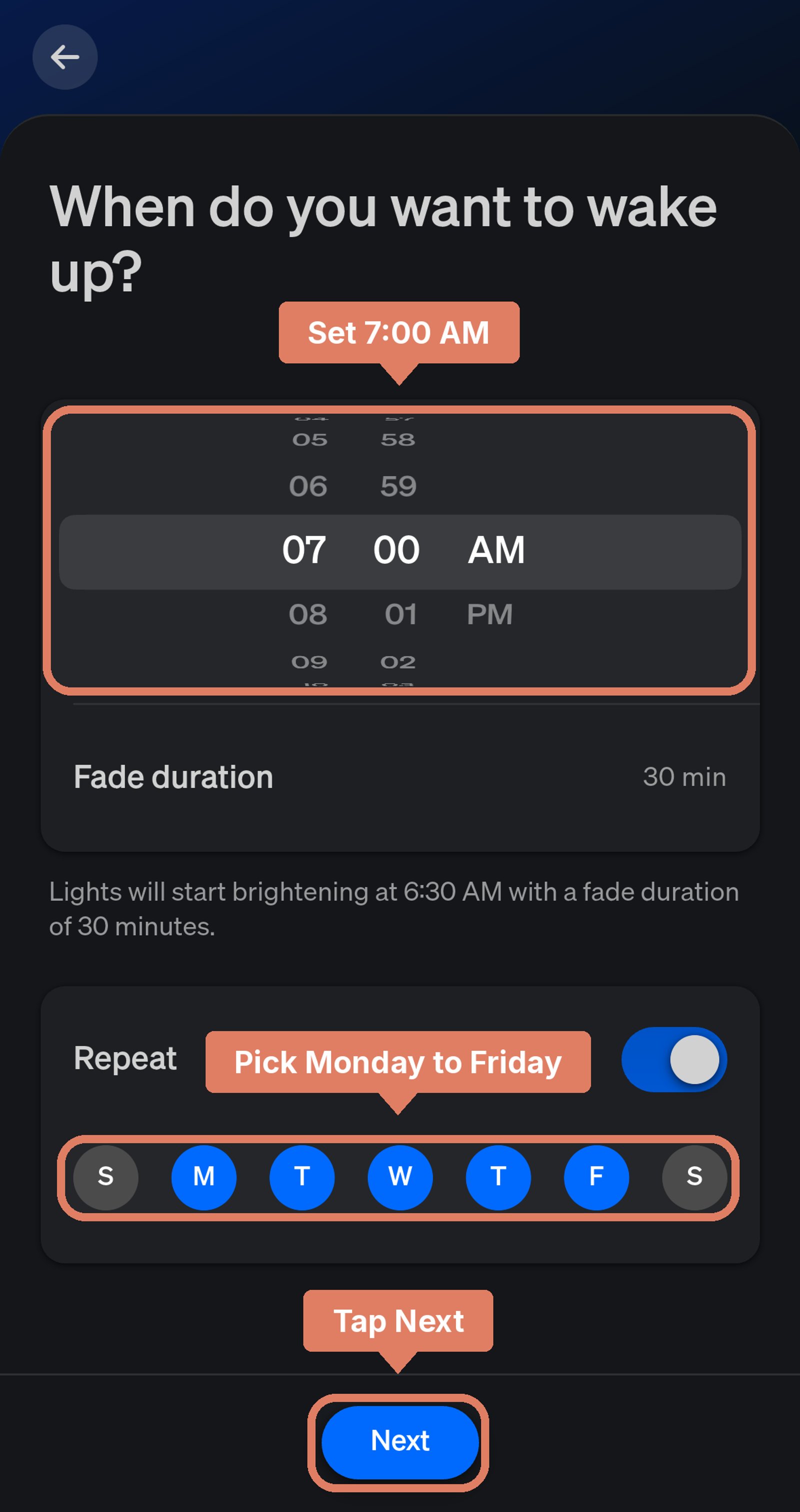 Philips Hue app Wake up automation at 7:00 AM on weekdays, with the time, the days and Next marked.