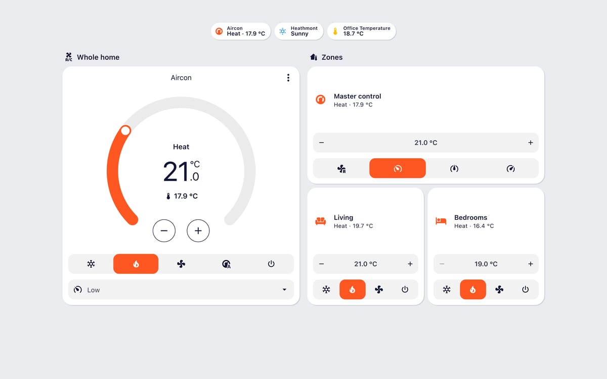 Home Assistant aircon lab dashboard running the Graphite theme (Light), on desktop