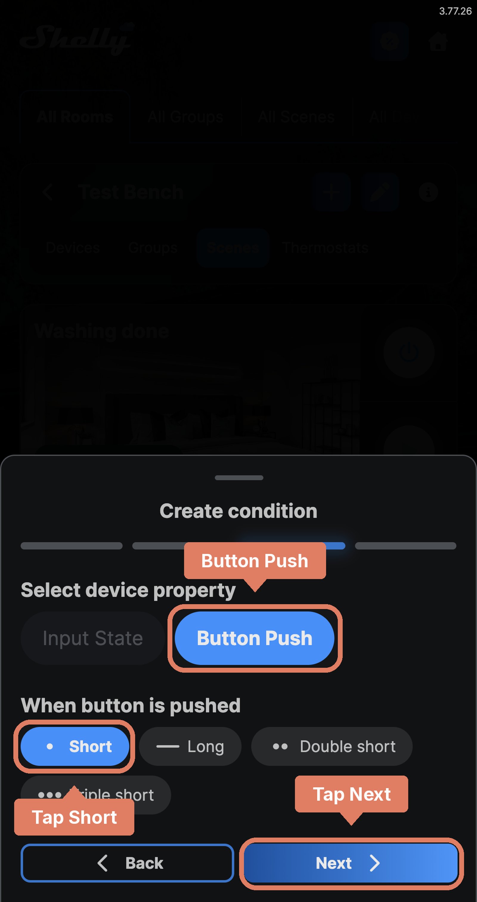 Shelly app scene condition for Living room switch with Button Push and Short chosen, and Next marked.