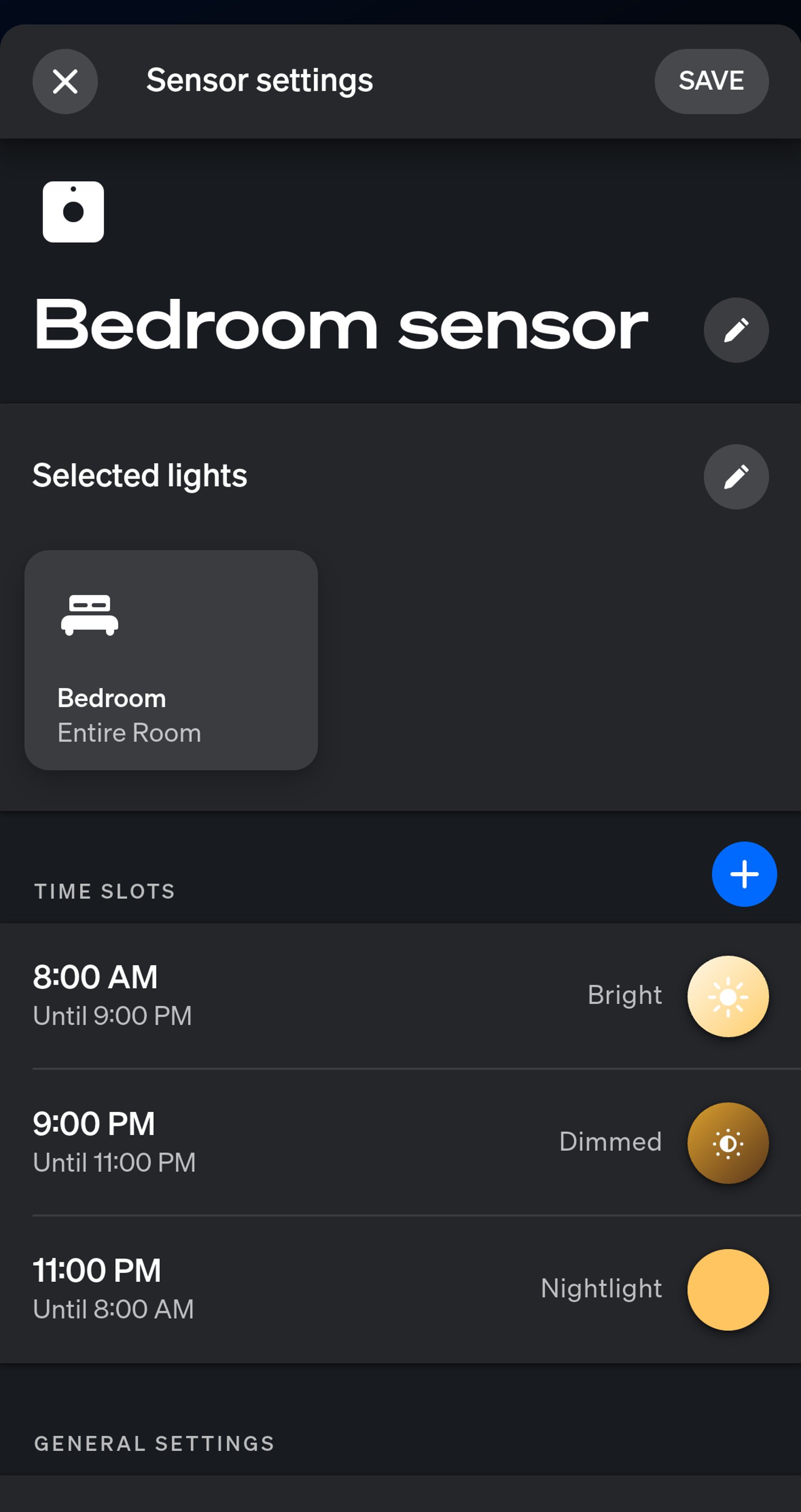Philips Hue app Sensor settings for a motion sensor named Bedroom sensor, with time slots for Bright from 8:00 AM, Dimmed from 9:00 PM and Nightlight from 11:00 PM in the Bedroom.