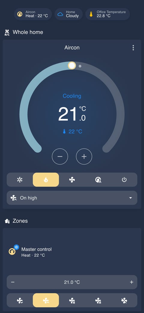 Home Assistant aircon lab dashboard running the Noctis theme (Dark), on a phone