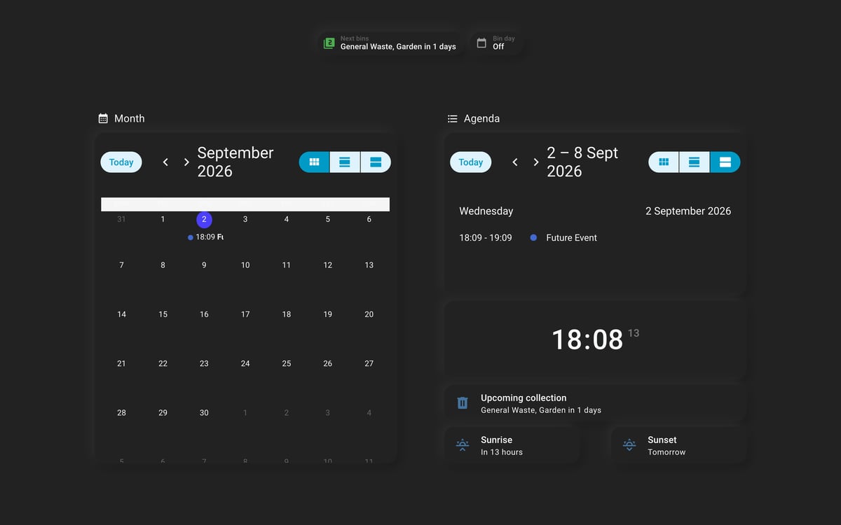Home Assistant calendar lab dashboard running the Soft theme (Dark), on desktop