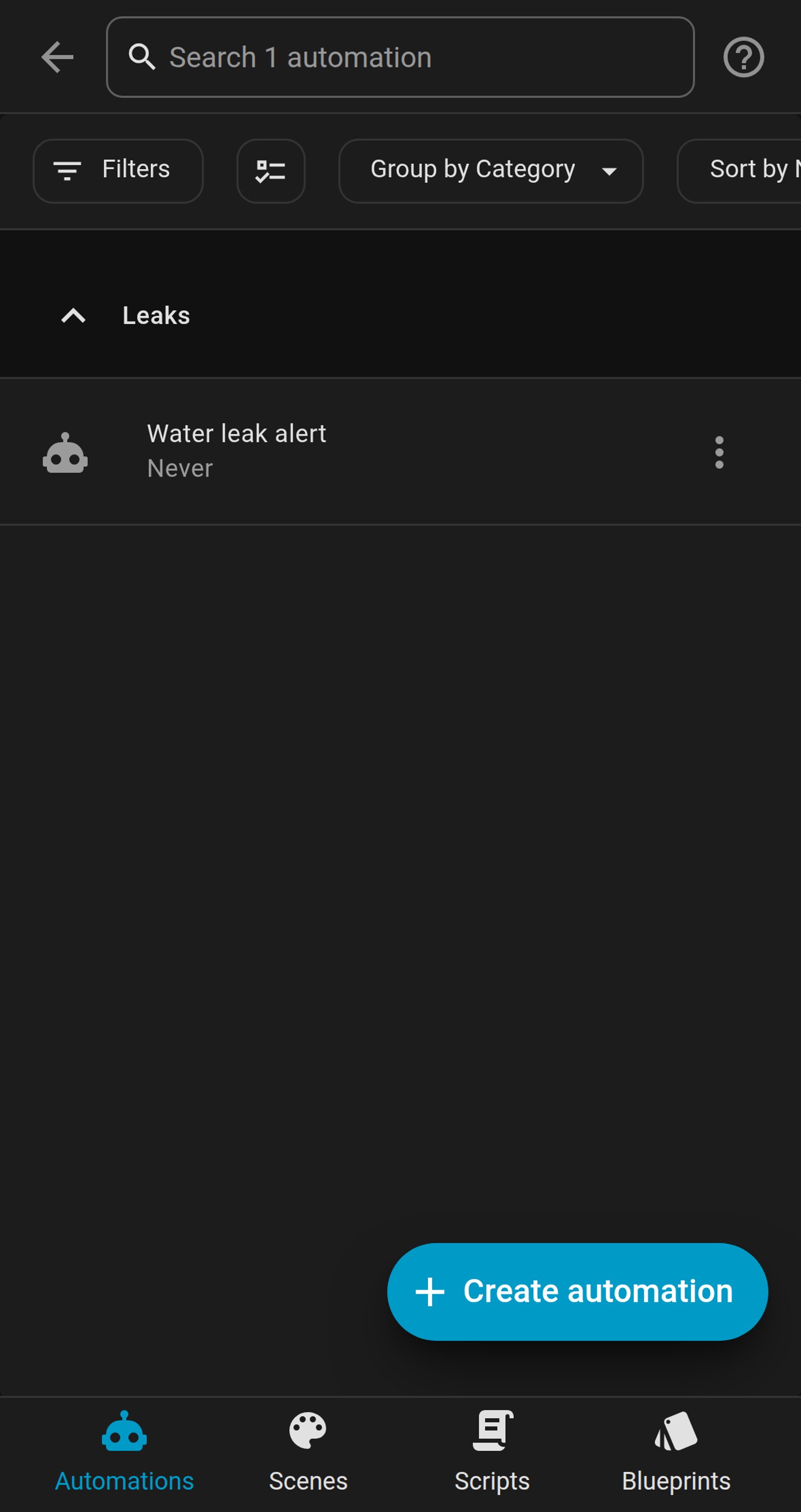 Home Assistant automations list showing Water leak alert in a Leaks group.