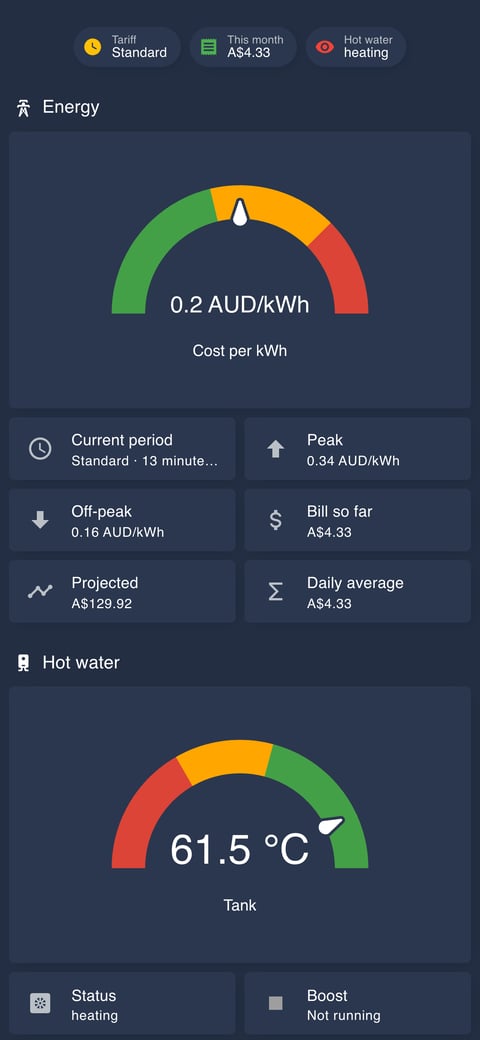 Home Assistant energy lab dashboard running the Noctis theme (Dark), on a phone
