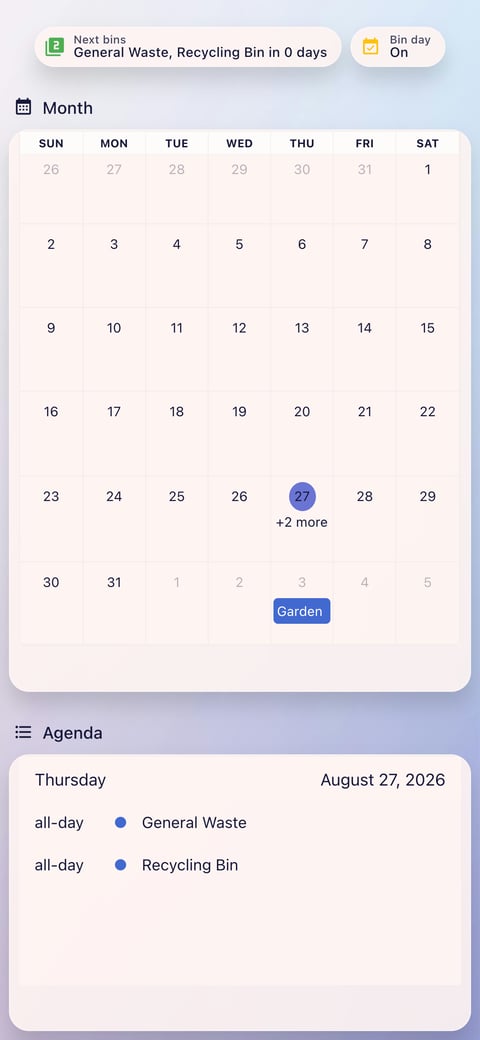 Home Assistant calendar lab dashboard running the Frosted Glass theme (Lite light), on a phone