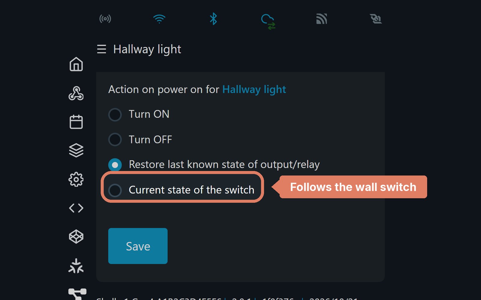 The Shelly web page's Action on power on options, with Current state of the switch marked