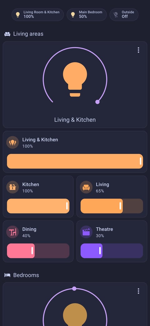 Home Assistant lights lab dashboard running the Catppuccin theme (Macchiato), on a phone