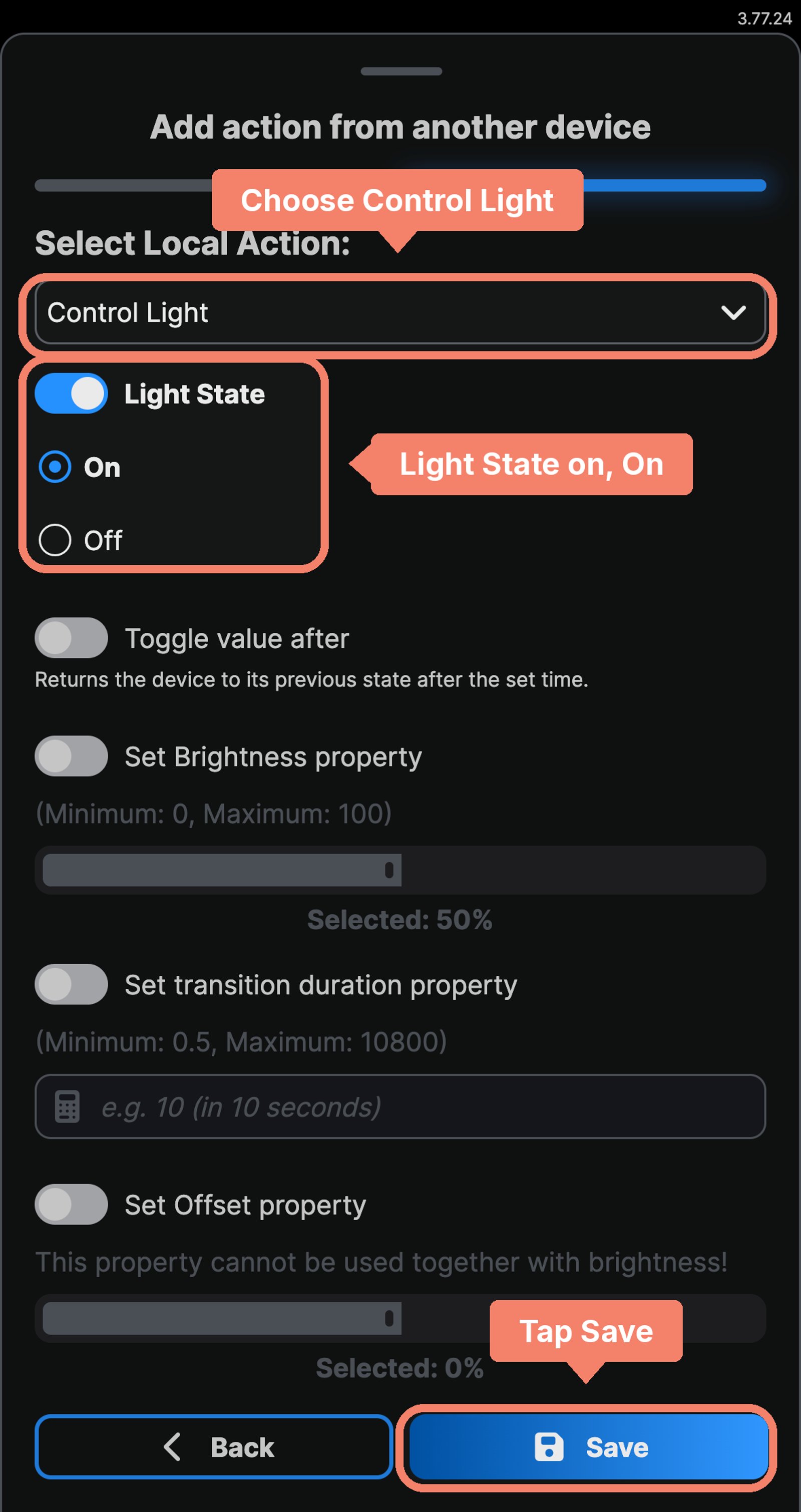 Shelly app action controlling another device, with Control Light and Light State On labelled and Save marked.