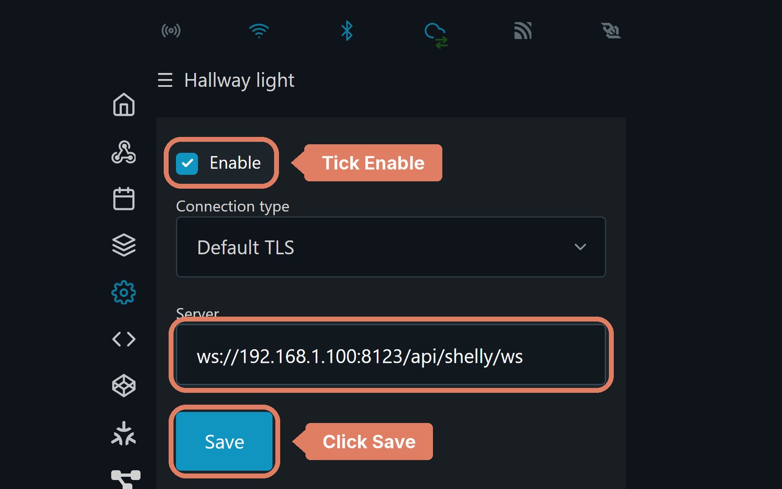 The Shelly web page's Outbound websocket settings, with Enable ticked, a Home Assistant server address entered and the Save button marked