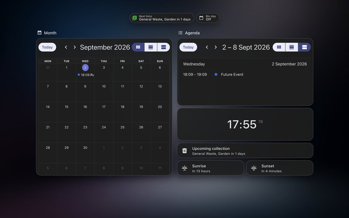 Home Assistant calendar lab dashboard running the Frosted Glass theme (Dark), on desktop