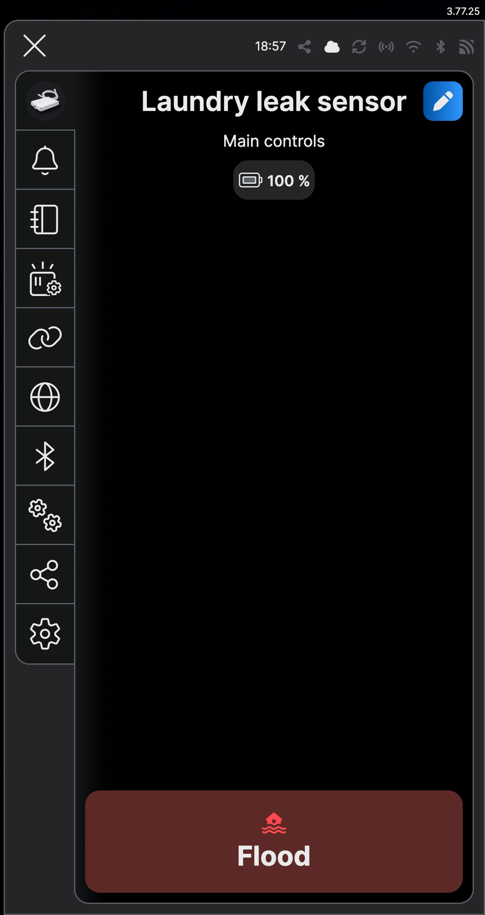 Shelly app main controls for a sensor named Laundry leak sensor, showing Flood with the battery at 100%.