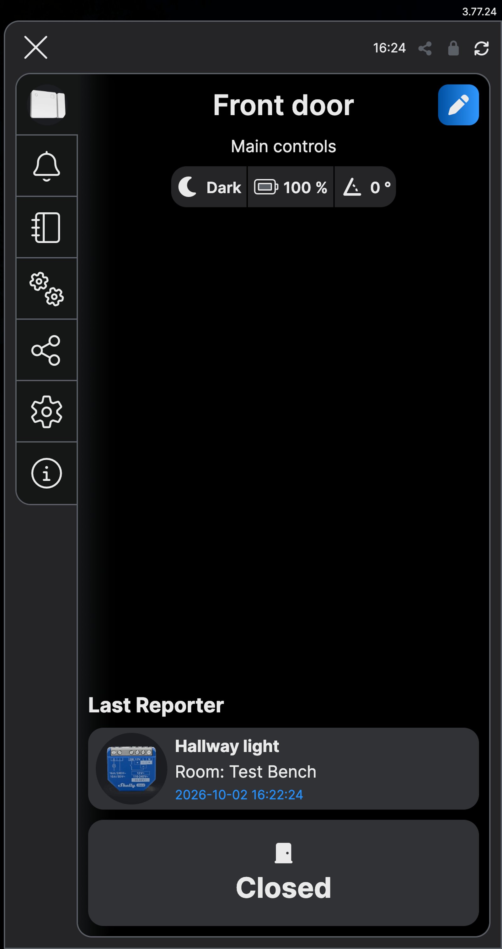 Shelly app screen for the Front door sensor showing Closed and Dark, with Hallway light as the last reporter
