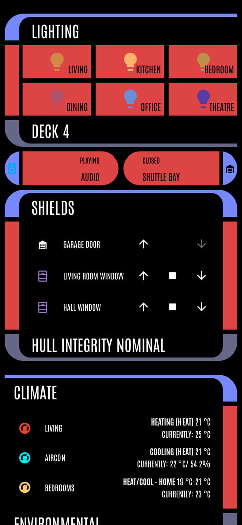 Home Assistant LCARS showcase dashboard running the LCARS theme (Default), on a phone