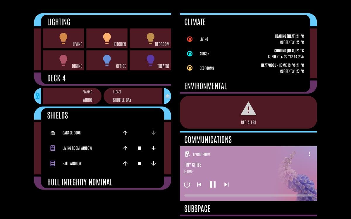 Home Assistant LCARS showcase dashboard running the LCARS theme (Cardassia), on desktop