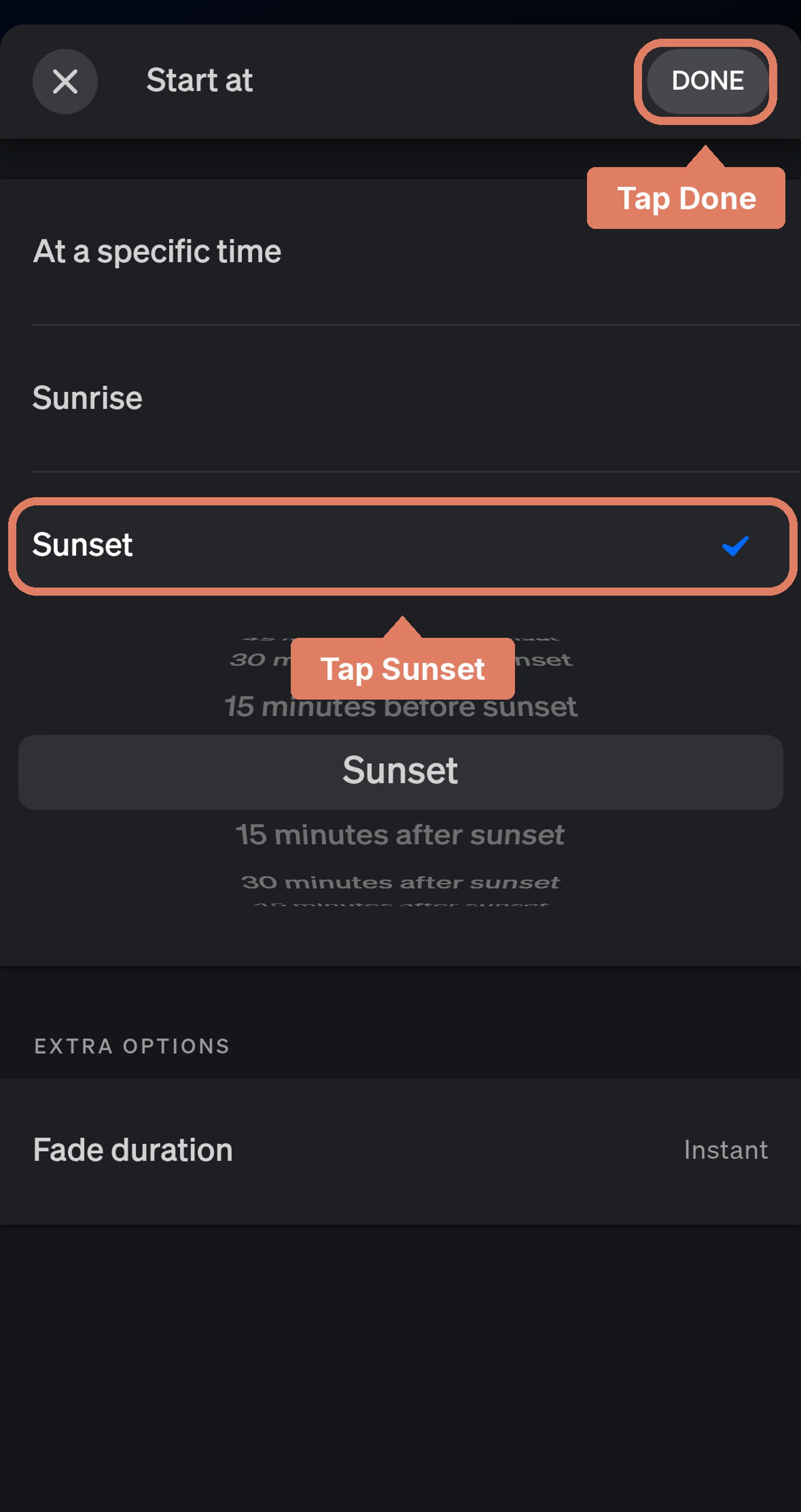 Philips Hue app Start at screen with Sunset ticked, and Sunset and Done marked.