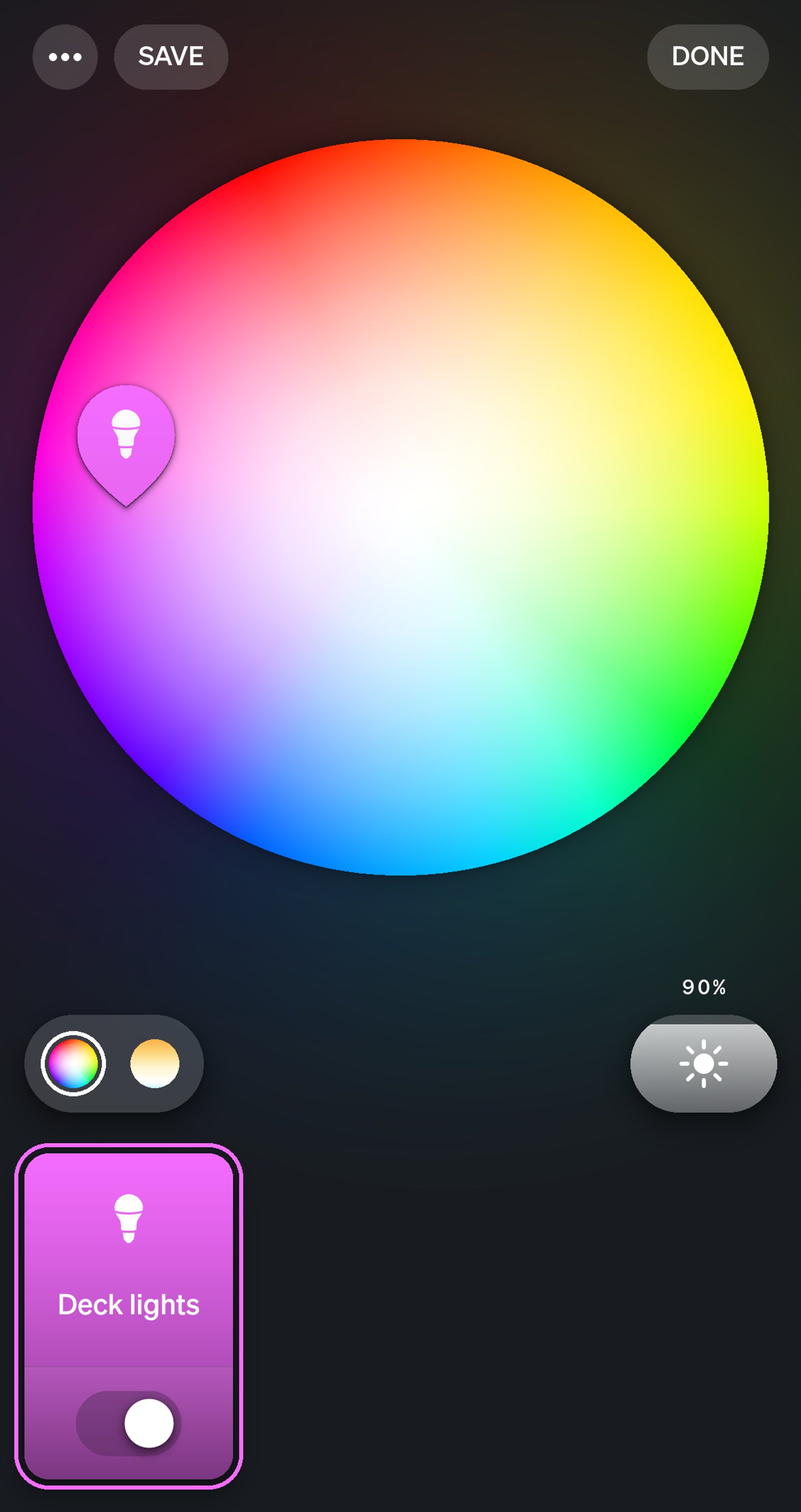 Philips Hue app colour wheel for Deck lights, set to pink at 90%.