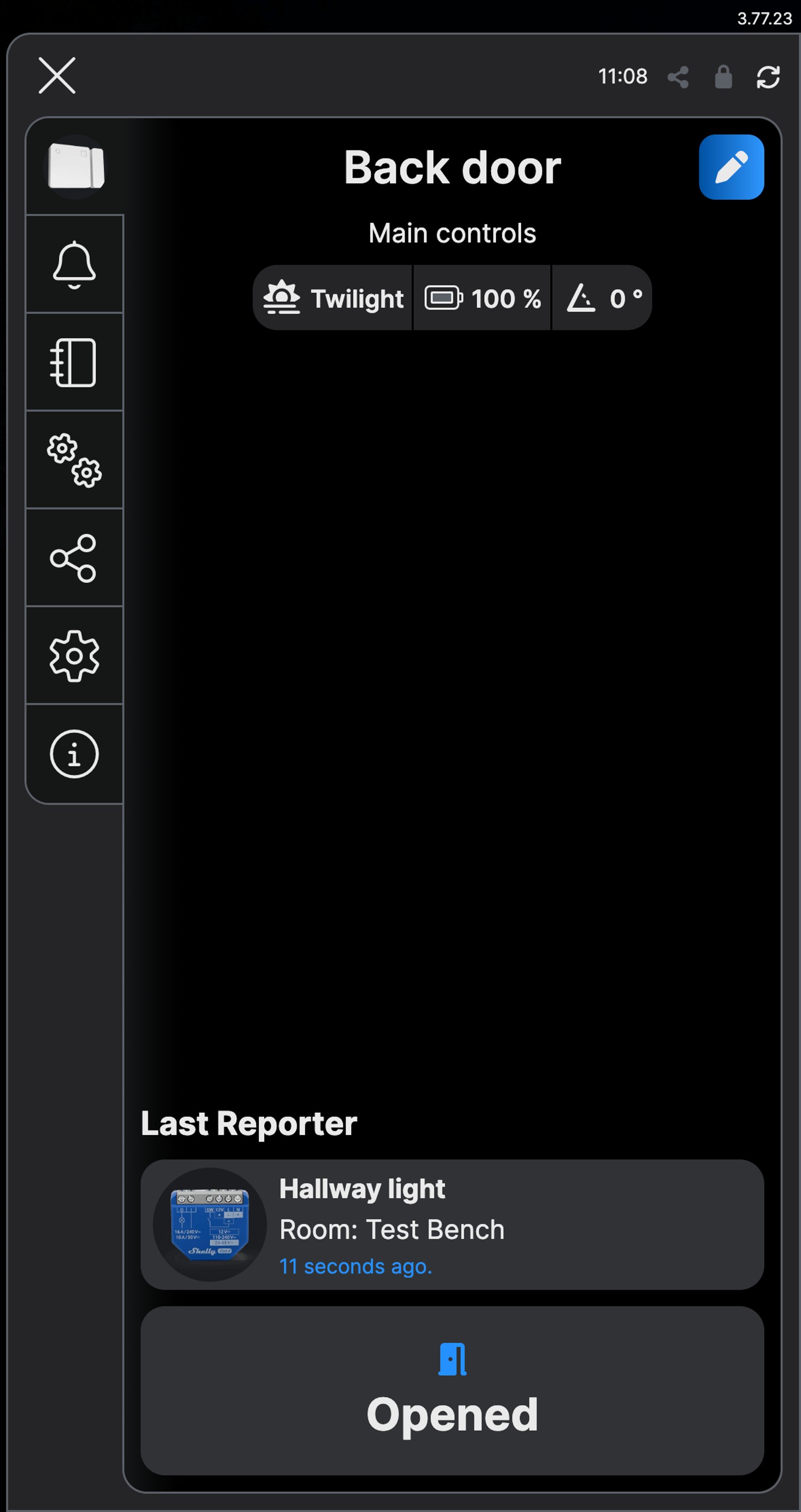 Shelly app screen for the Back door sensor showing Opened, with Hallway light as the last reporter
