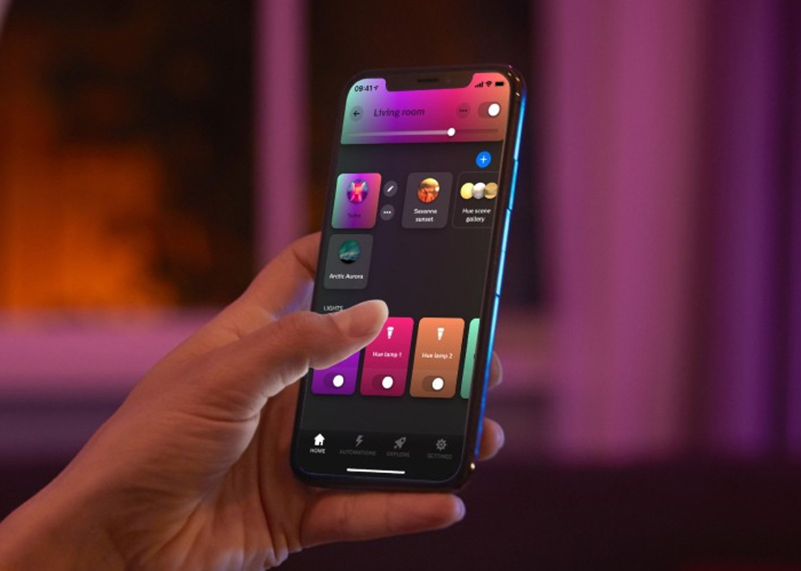 The Philips Hue app, a smart button and a dimmer switch