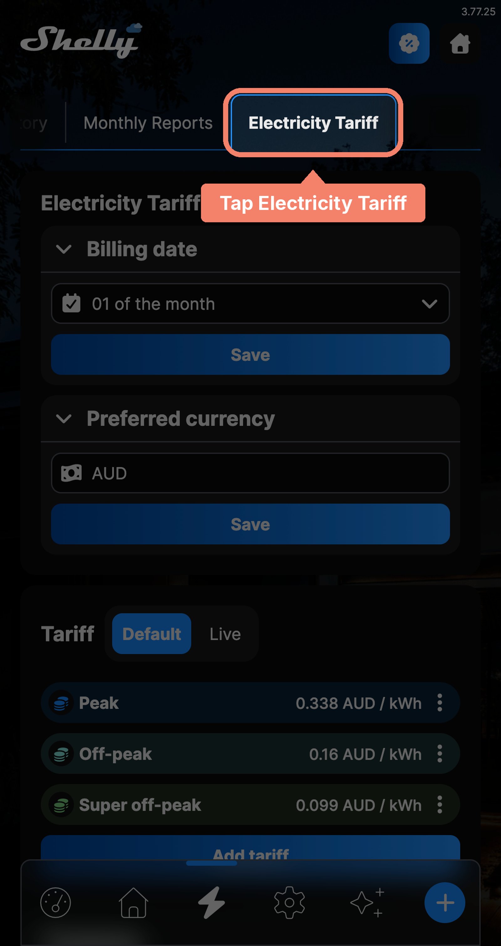 Shelly app Energy screen with the Electricity Tariff tab marked Tap Electricity Tariff.