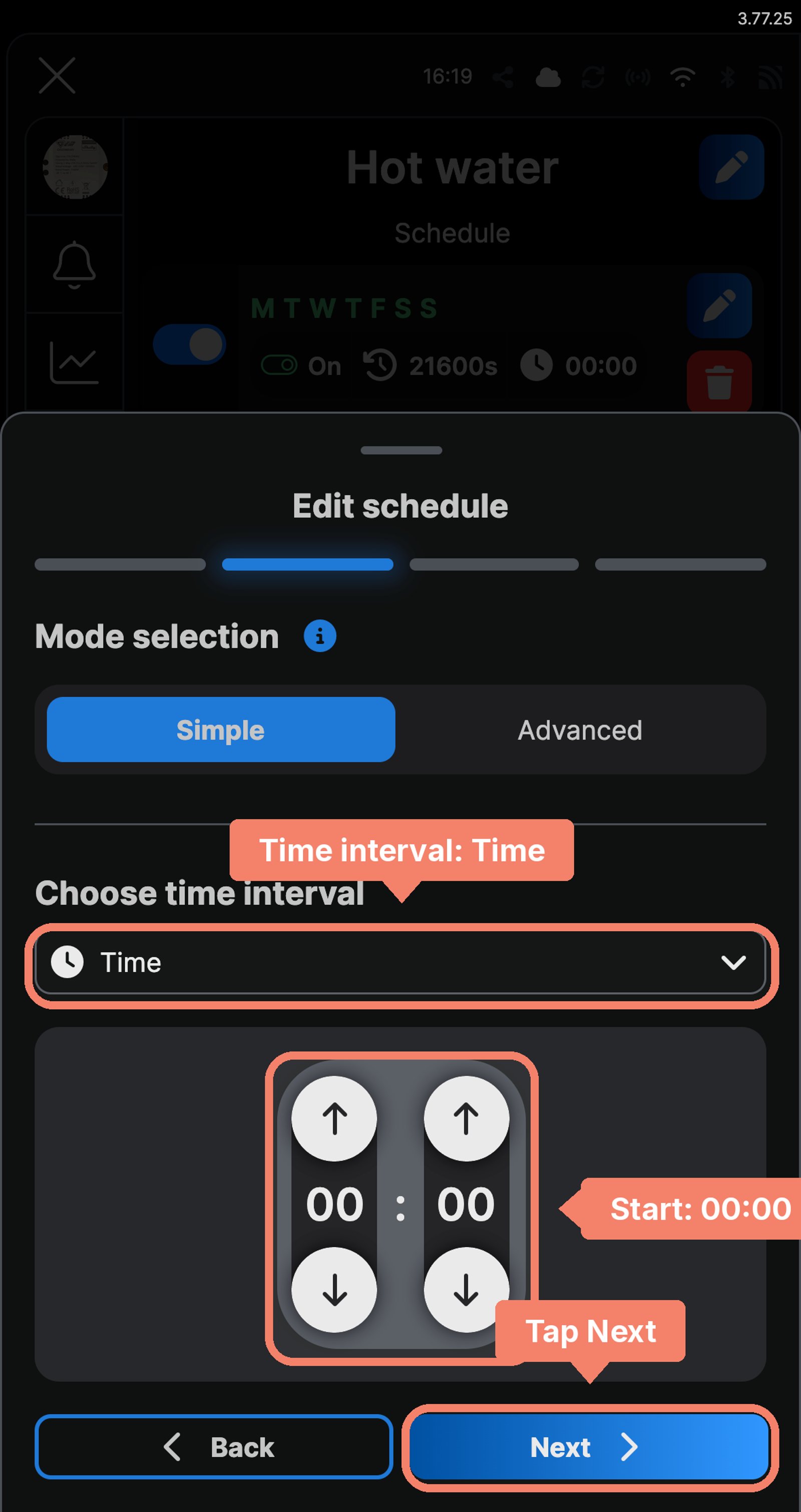 Shelly app Edit schedule screen for an Ogemray 25A named Hot water, with Time chosen and the start set to 00:00, and the time interval, the time and Next marked.