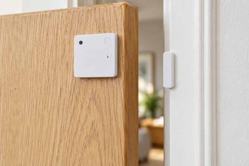 A white Shelly BLU Door/Window sensor on the edge of an oak door, with its magnet on the white door frame beside it