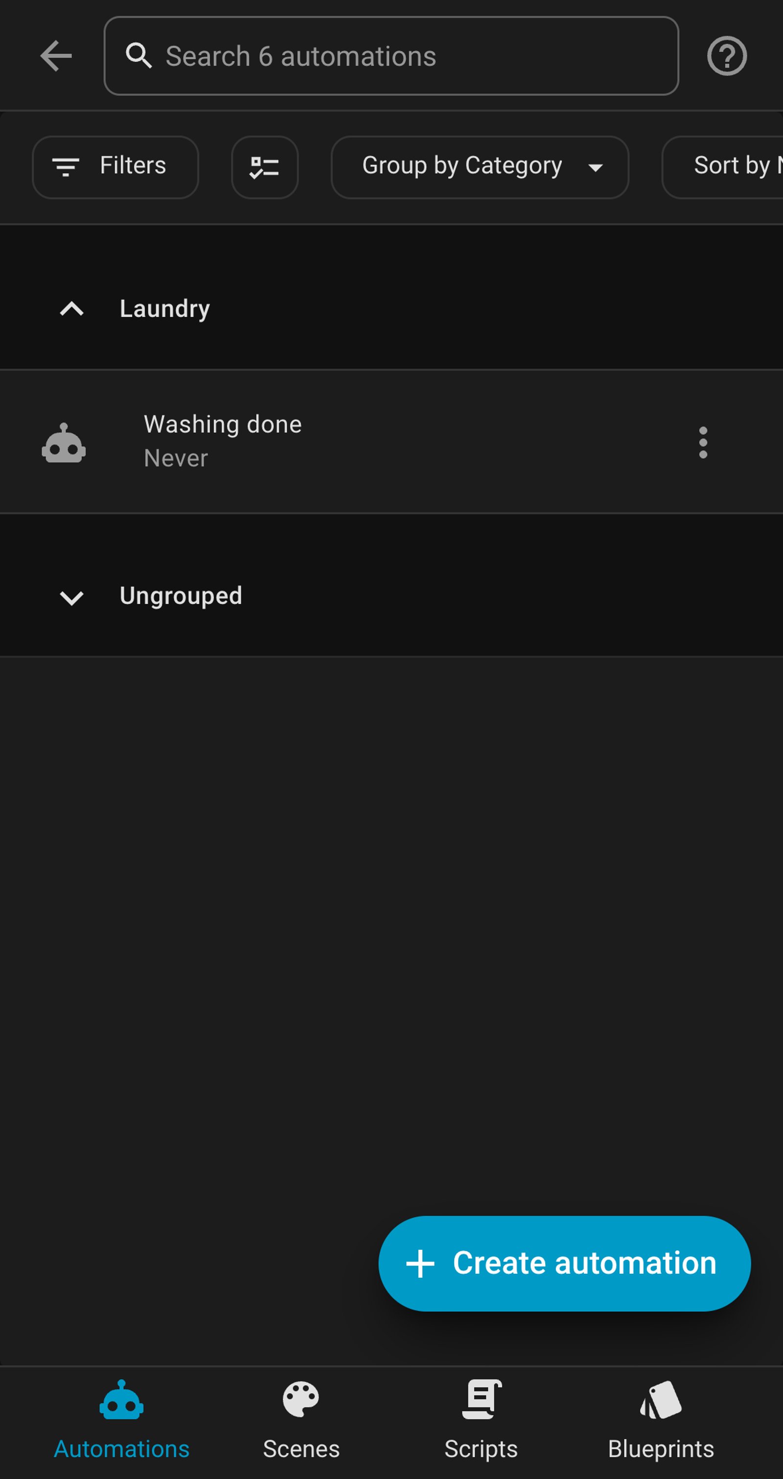 Home Assistant automations list showing Washing done in a Laundry group.
