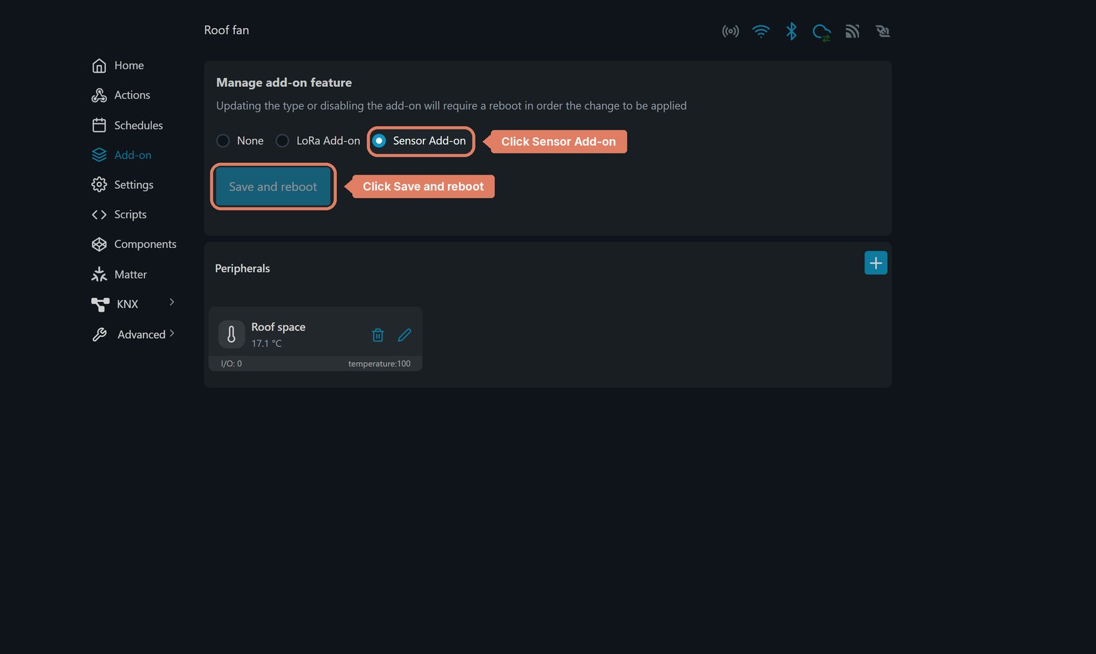 Shelly local web interface Add-on page for Roof fan, with Sensor Add-on labelled and Save and reboot marked.
