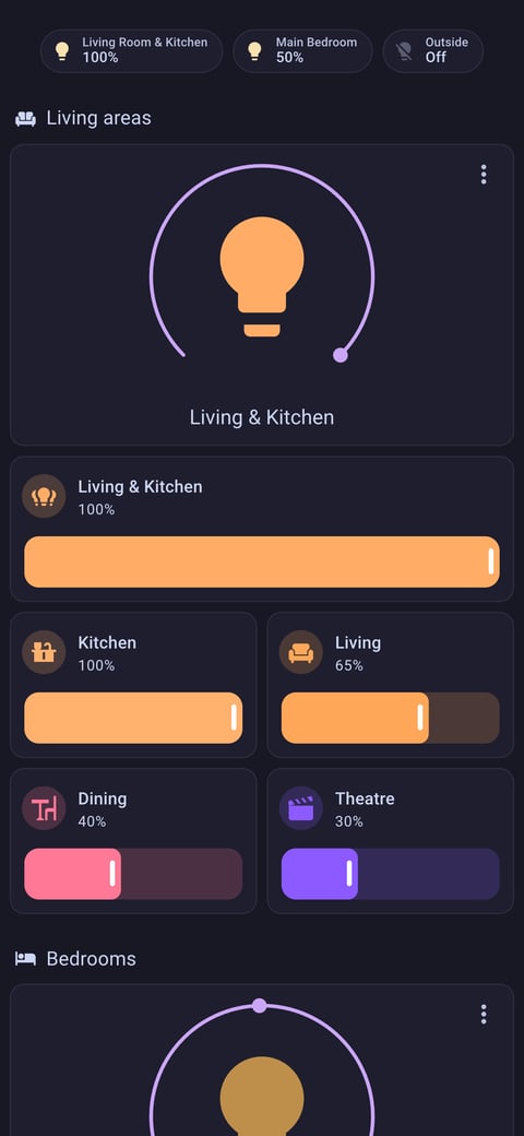 Home Assistant lights lab dashboard running the Catppuccin theme (Mocha), on a phone