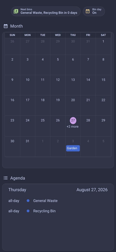 Home Assistant calendar lab dashboard running the Catppuccin theme (Frappe), on a phone