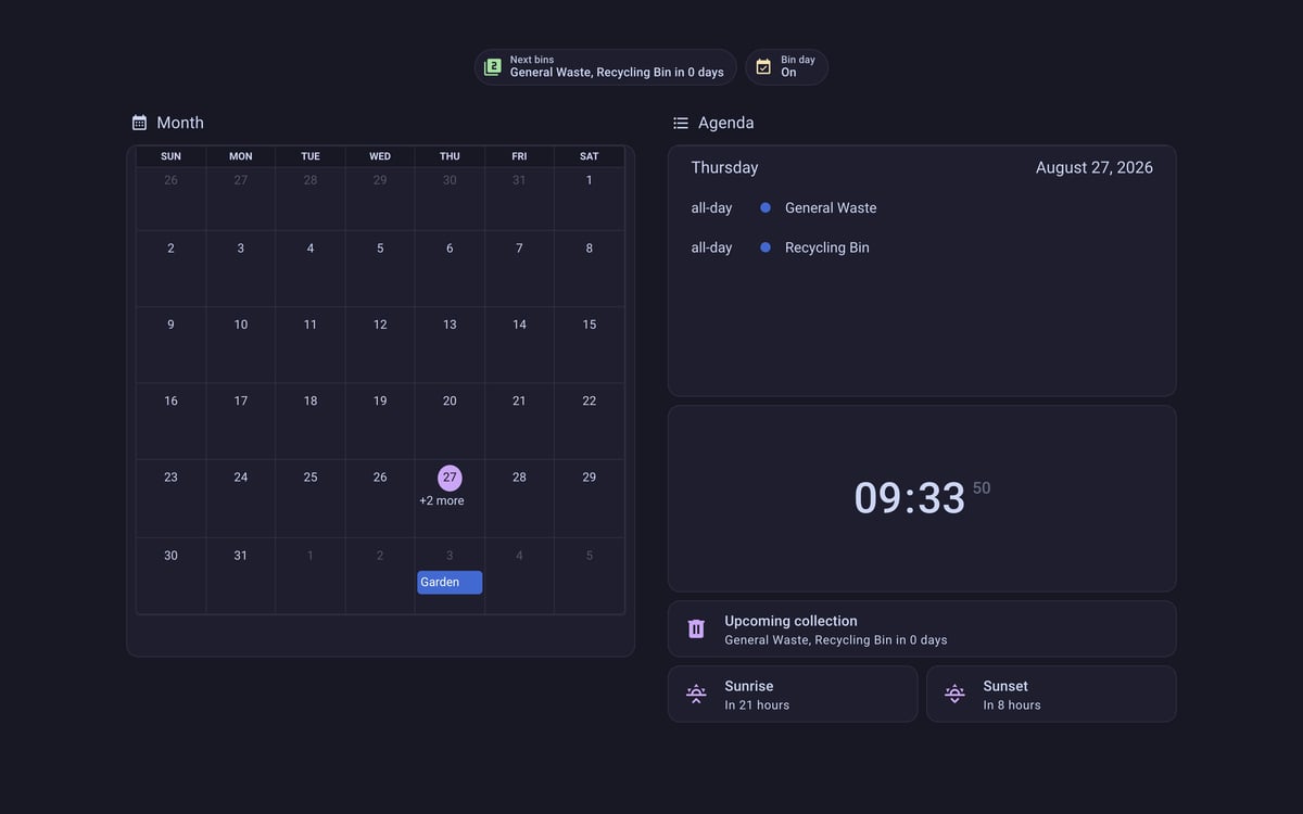Home Assistant calendar lab dashboard running the Catppuccin theme (Mocha), on desktop