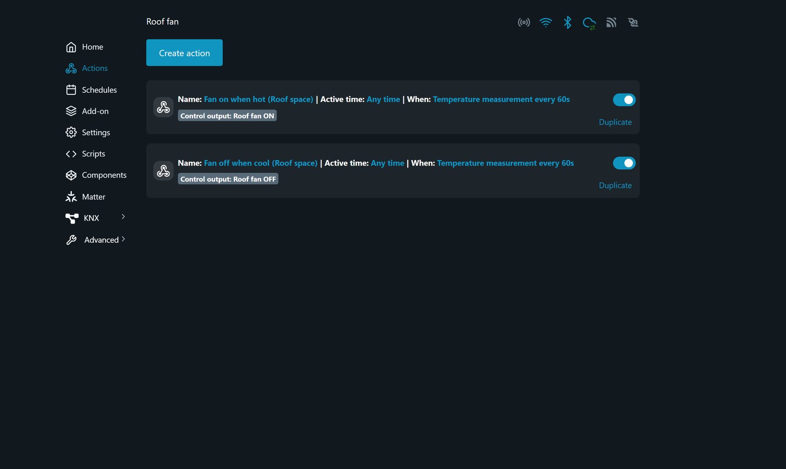 Shelly local web interface Actions for Roof fan, listing Fan on when hot and Fan off when cool.