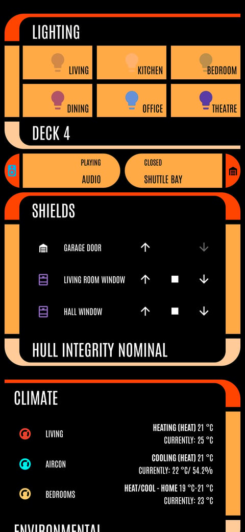 Home Assistant LCARS showcase dashboard running the LCARS theme (Lower Decks), on a phone
