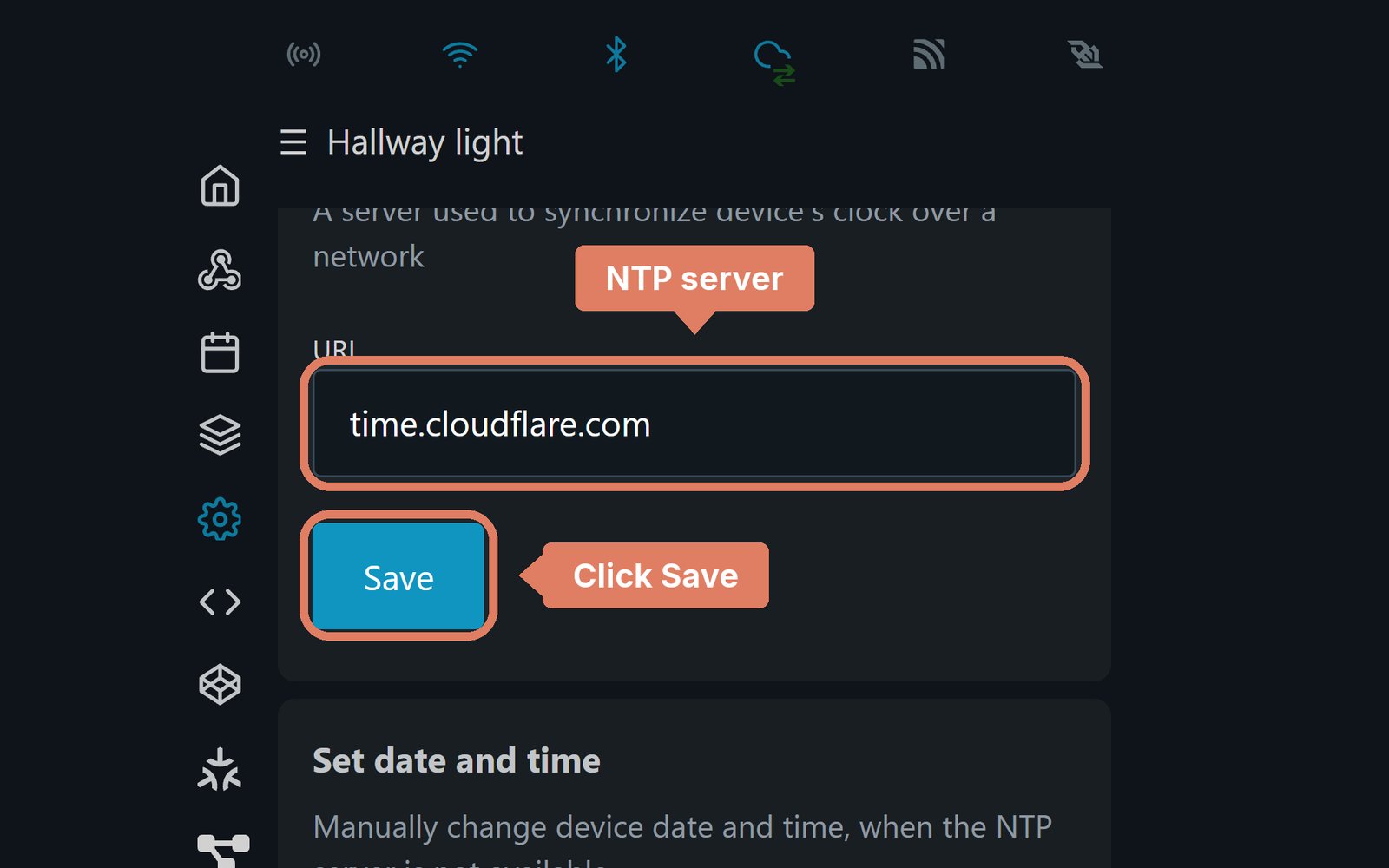The Shelly web page's Location and time settings, with the NTP server and Save marked
