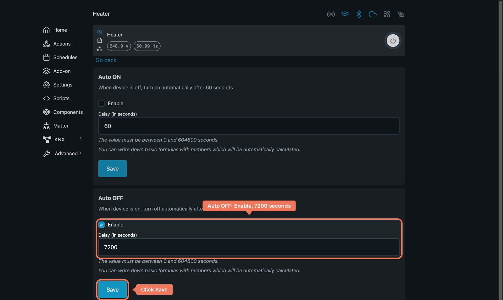 Shelly local web interface timers for Heater, with Auto OFF enabled at 7200 seconds labelled and Save marked.