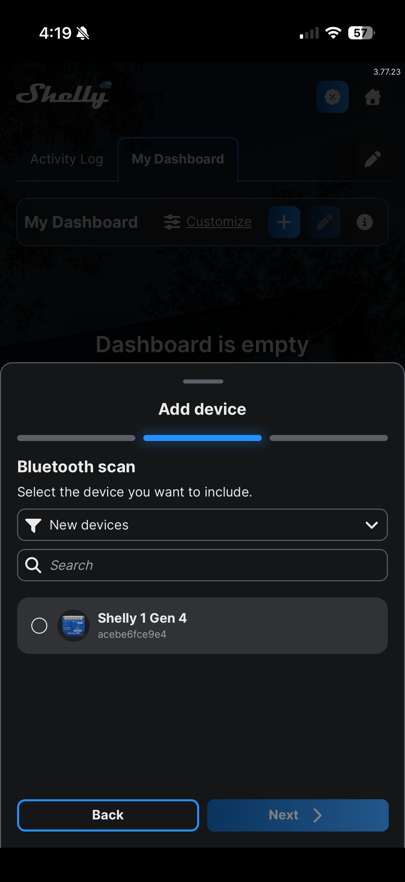 Shelly Smart Control Bluetooth scan screen listing one new device, a Shelly 1 Gen 4, with Back and Next buttons