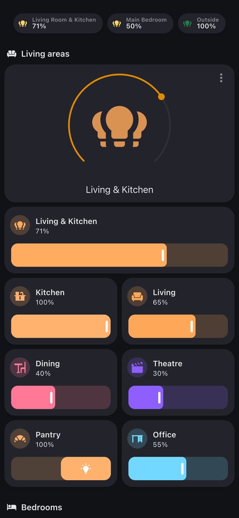 Home Assistant lights lab dashboard running the Graphite theme (Dark), on a phone