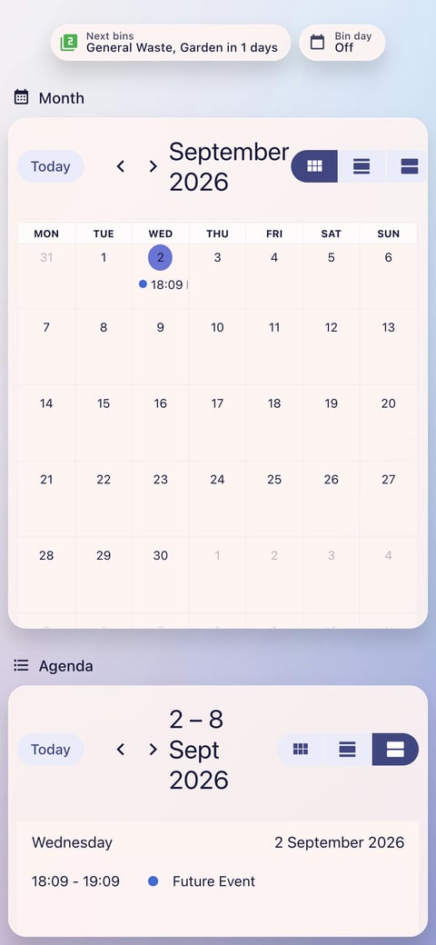 Home Assistant calendar lab dashboard running the Frosted Glass theme (Light), on a phone