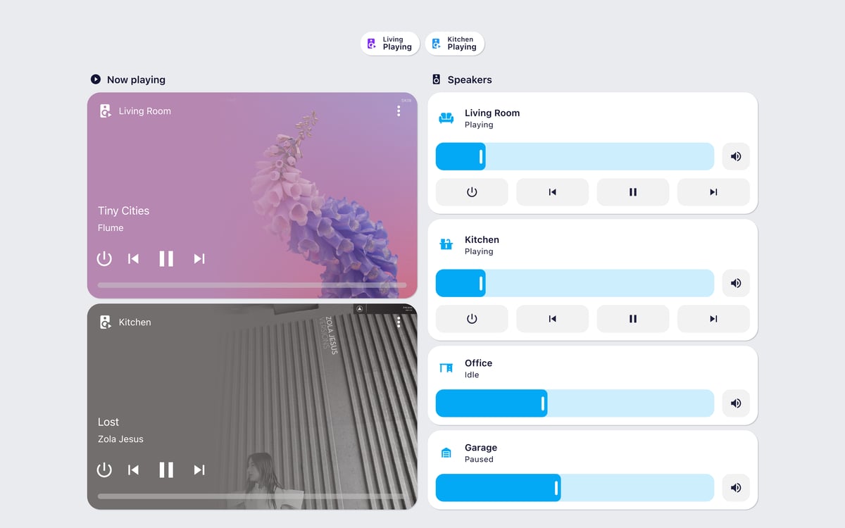 Home Assistant media lab dashboard running the Graphite theme (Light), on desktop