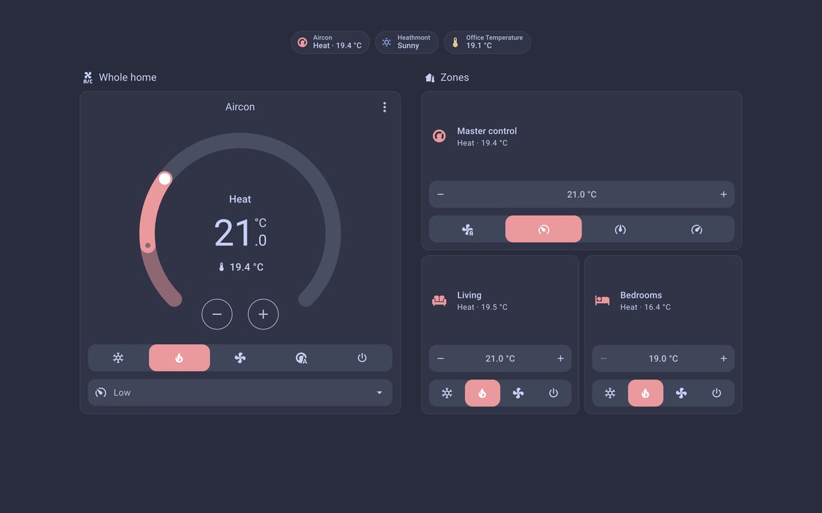 Home Assistant aircon lab dashboard running the Catppuccin theme (Frappe), on desktop