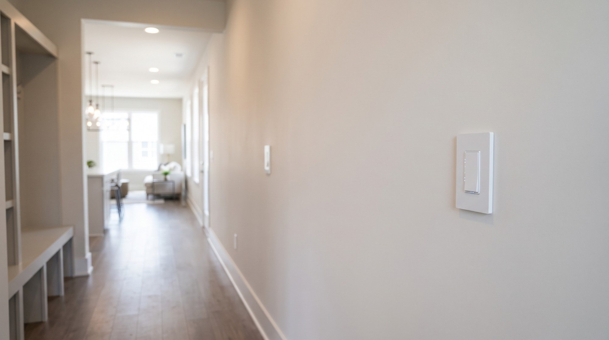 A long hallway with a light switch on the right-hand wall and a second switch further down the same wall.