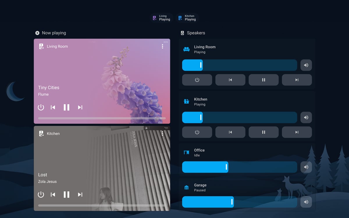Home Assistant media lab dashboard running the Simple Dreams theme (Dark), on desktop