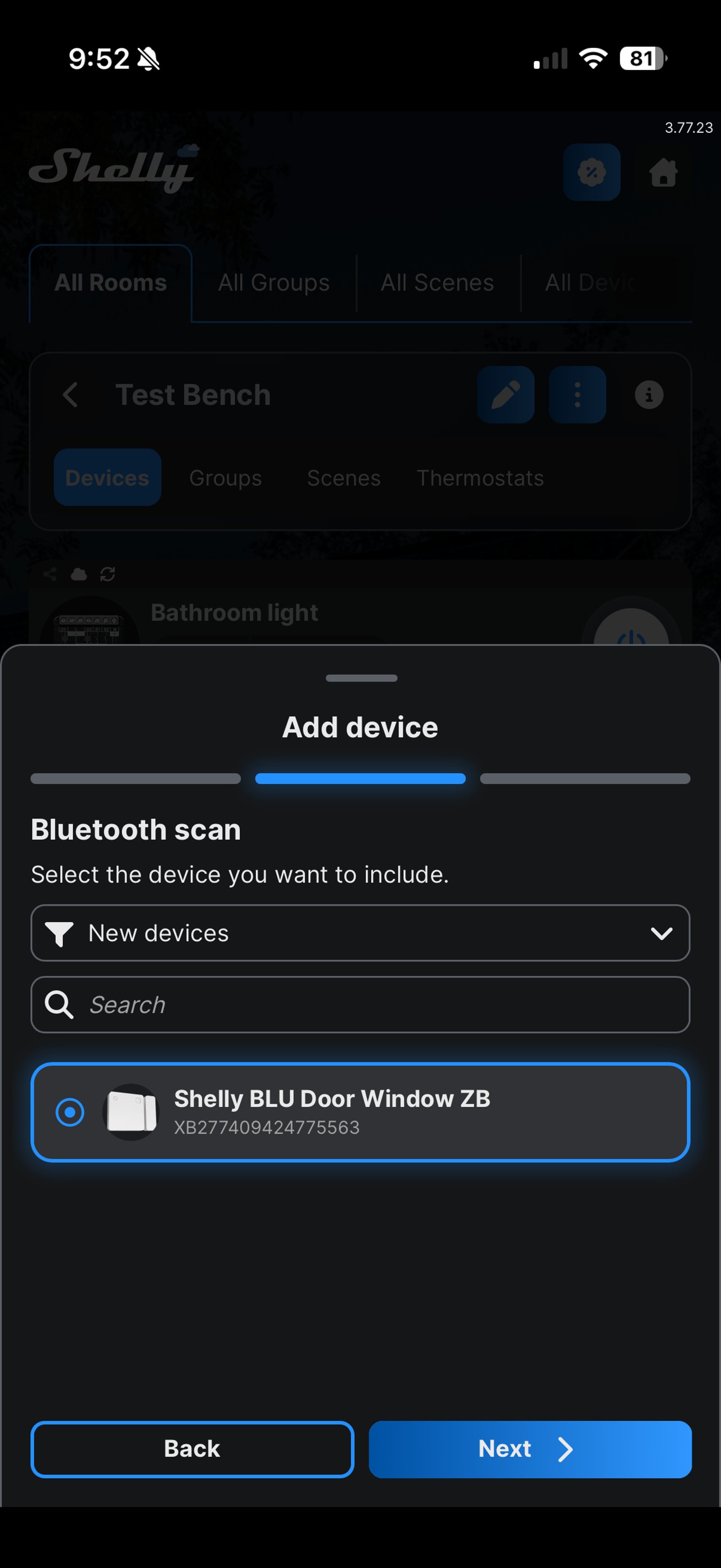 Shelly Smart Control Bluetooth scan screen listing one new device, a Shelly BLU Door Window ZB, with Back and Next buttons