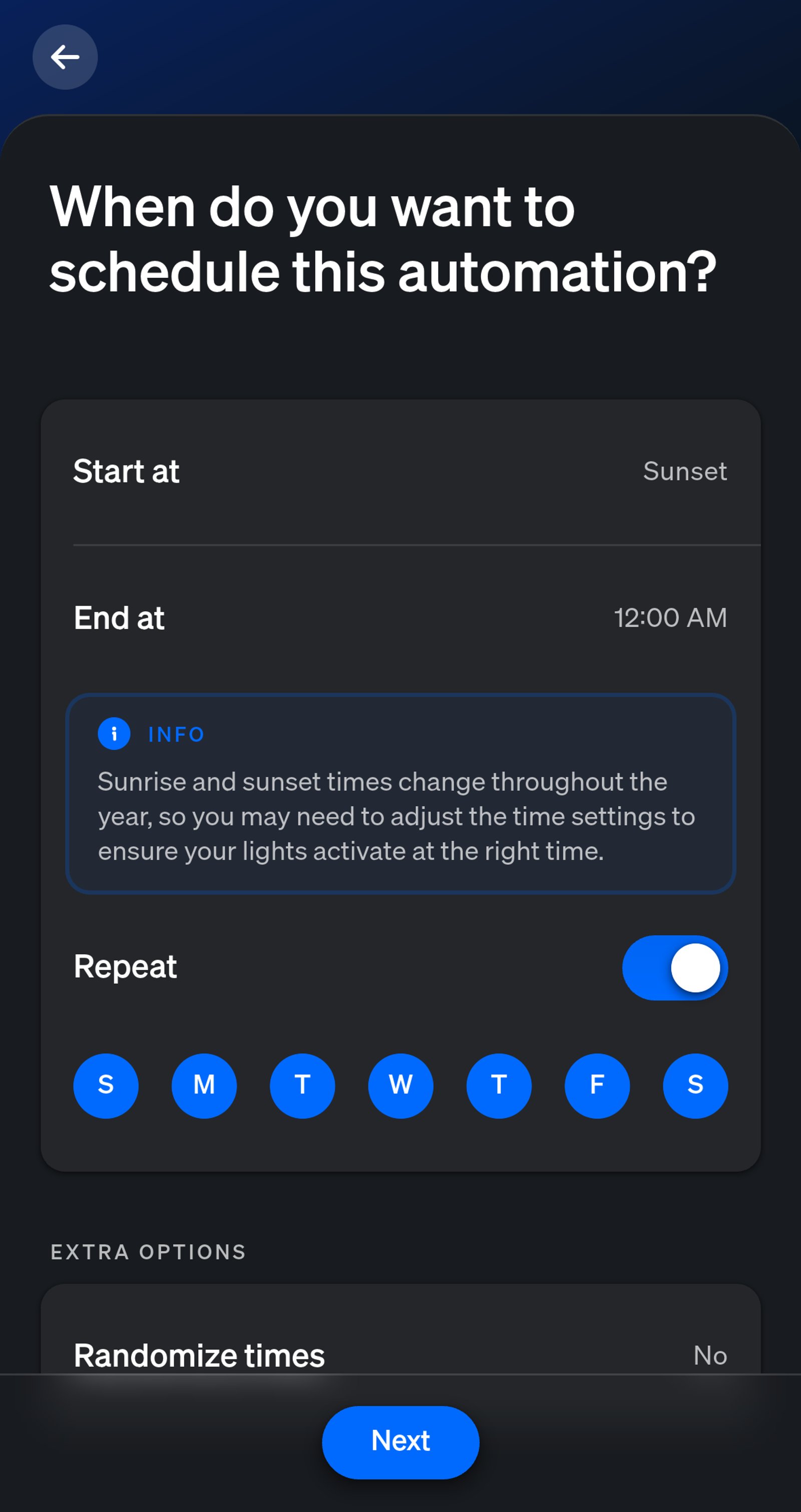 Philips Hue app schedule screen with the start set to sunset, the end set to 12:00 AM and repeat on every day.
