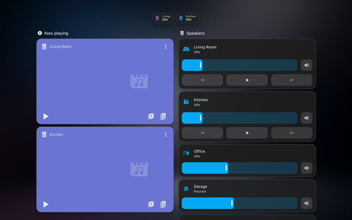 Home Assistant media lab dashboard running the Frosted Glass theme (Dark), on desktop