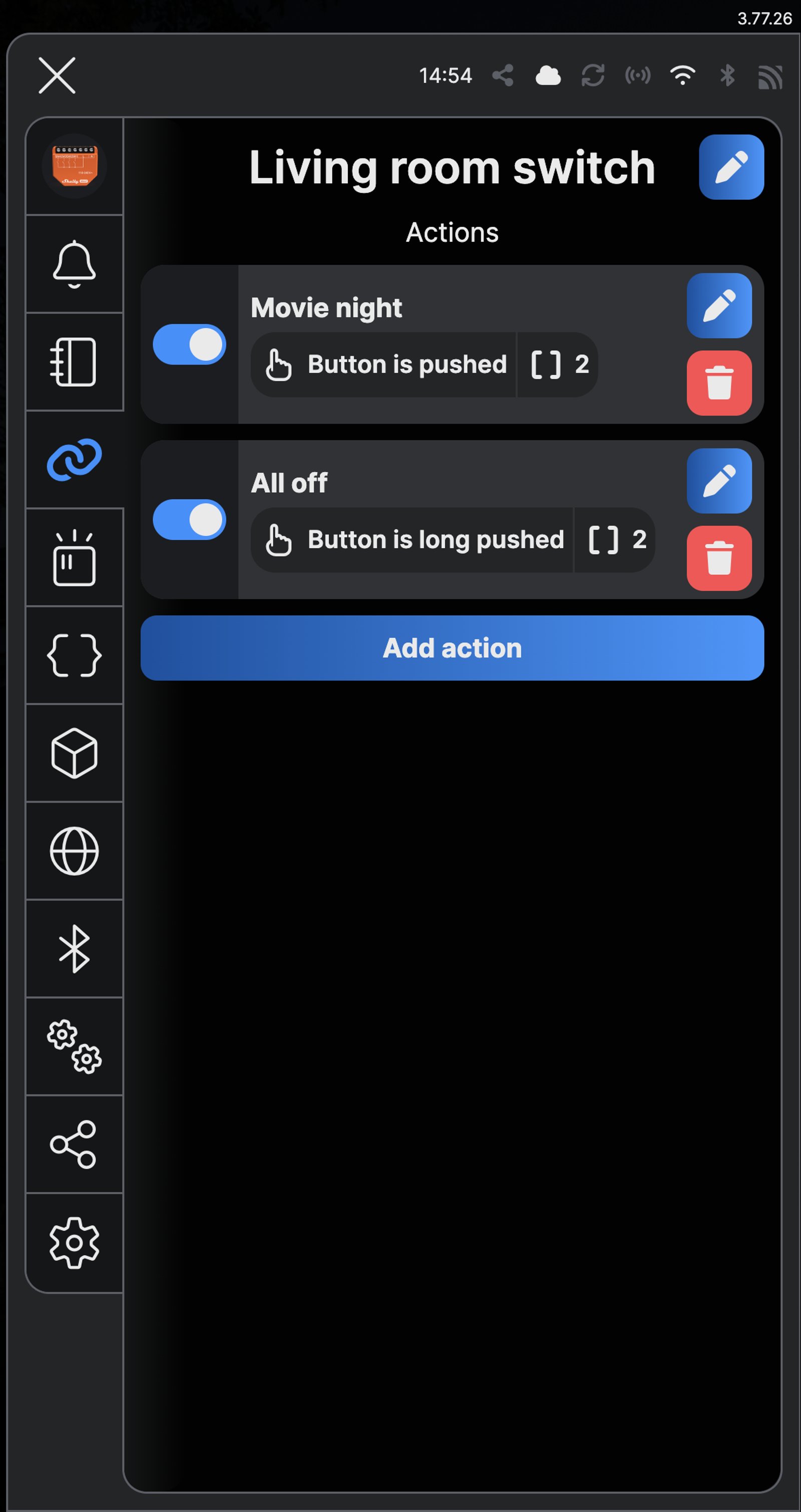 Shelly app Actions for Living room switch listing Movie night on Button is pushed and All off on Button is long pushed.